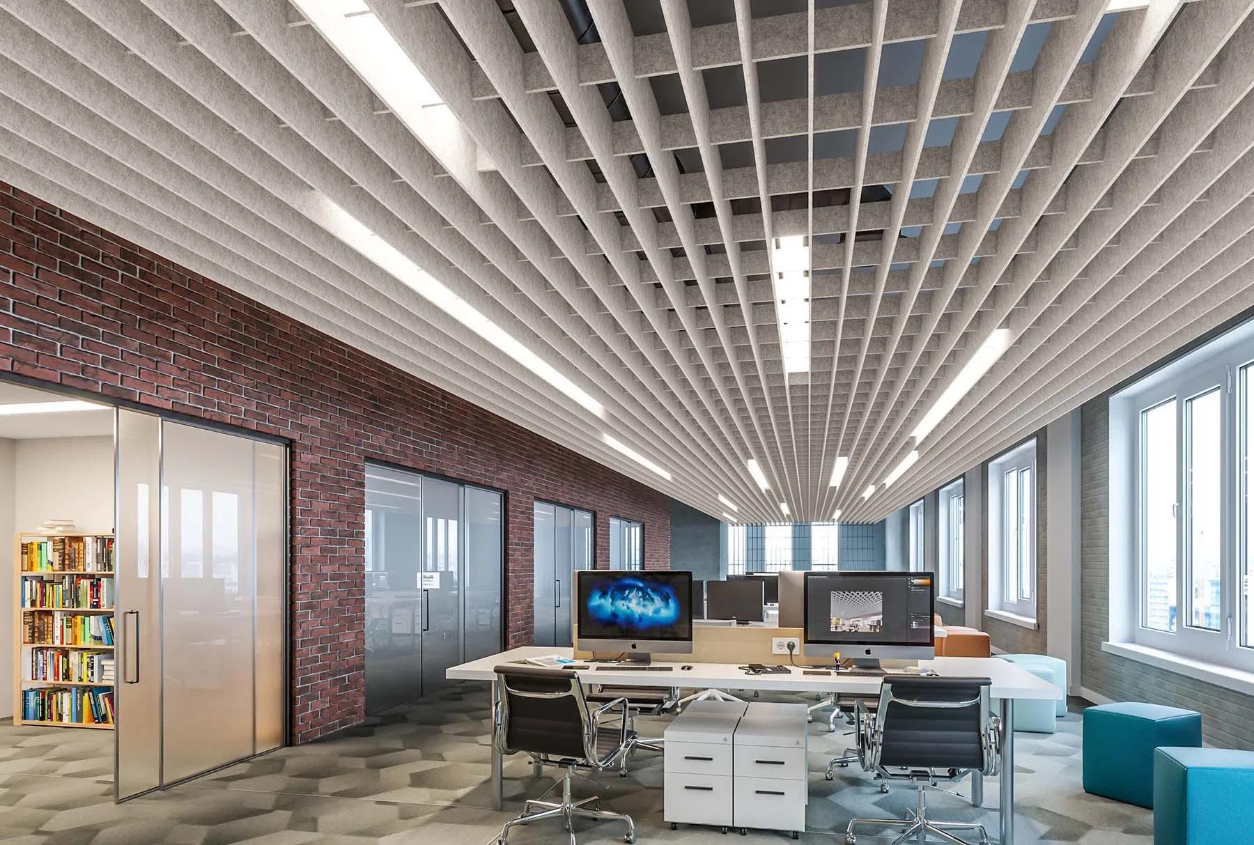 Interior modern cu plafon liniar lamelar și lumină integrată