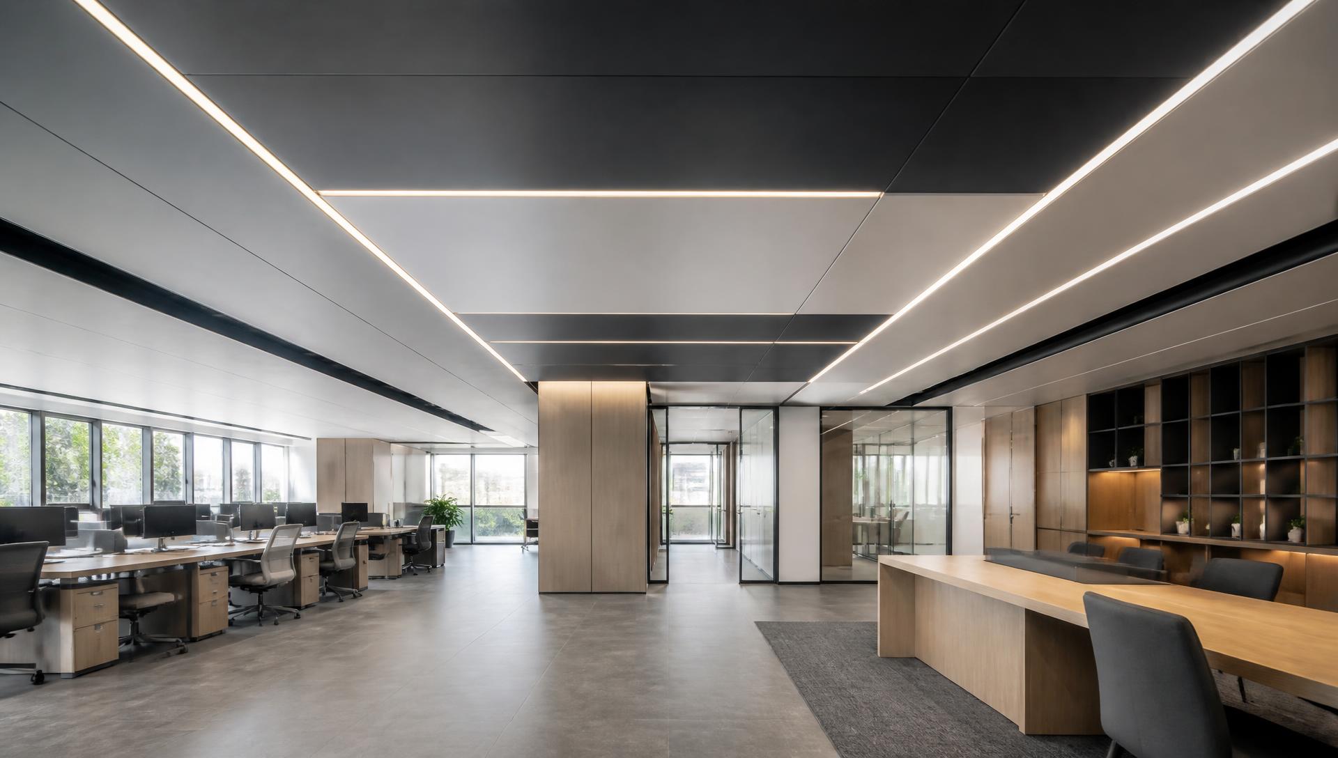 Birou modern cu linii LED integrate în plafonul suspendat